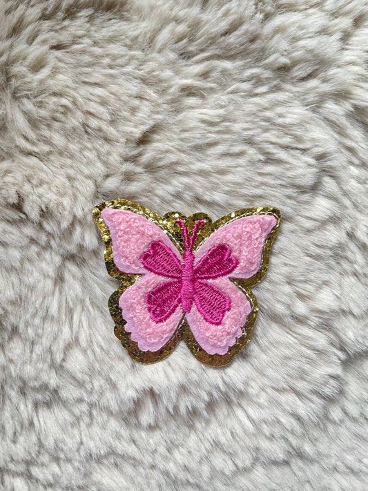 Chenille Patch mit goldener Kante - Schmetterling rosa